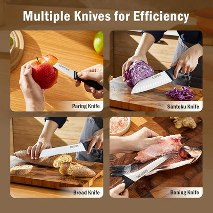 KINGSTONE 14-Piece Kitchen Knife Set with Block, High-Carbon Stainless Steel Knives Set, Ergonomic Non-Slip Handle, Professional Knife Set for Kitchen for Home Cooking & Gifting, Black
