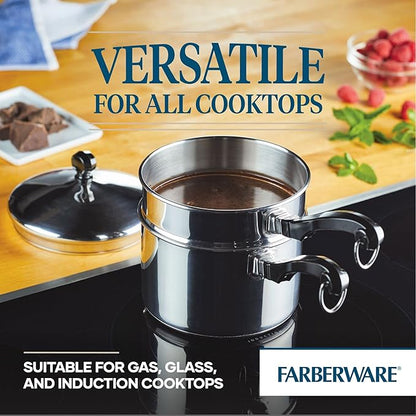 Farberware Classic Series Stainless Steel Double Boiler and Saucepan with Lid, Double Boilers For Stove Top, 2-Quart