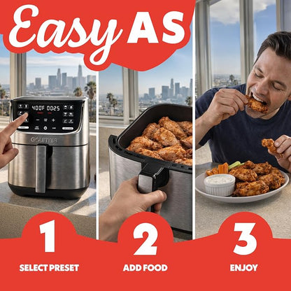 Gourmia Air Fryer - 7 Qt Capacity, LED Display, 12 One-Touch Presets, FryForce 360° Technology, Nonstick Dishwasher-Safe Basket & Crisper Tray, Stainless Steel