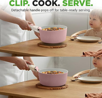 NutriChef 18-Piece Ceramic Cookware Set with Detachable Handles, Non Stick Pots and Pans, PTFE-Free Natural Ceramic Coating, Space-Saving Design, Oven & Stove Safe, Includes Utensils, Pink