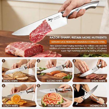 MAD SHARK Knife Sets, 11 Pieces Kitchen Knife Set with Block, High Carbon Stainless Steel Knives with Sharpener Rod, Non Slip Ergonomic Handle, Quality Drawer Organizer, Gift Box Packaging