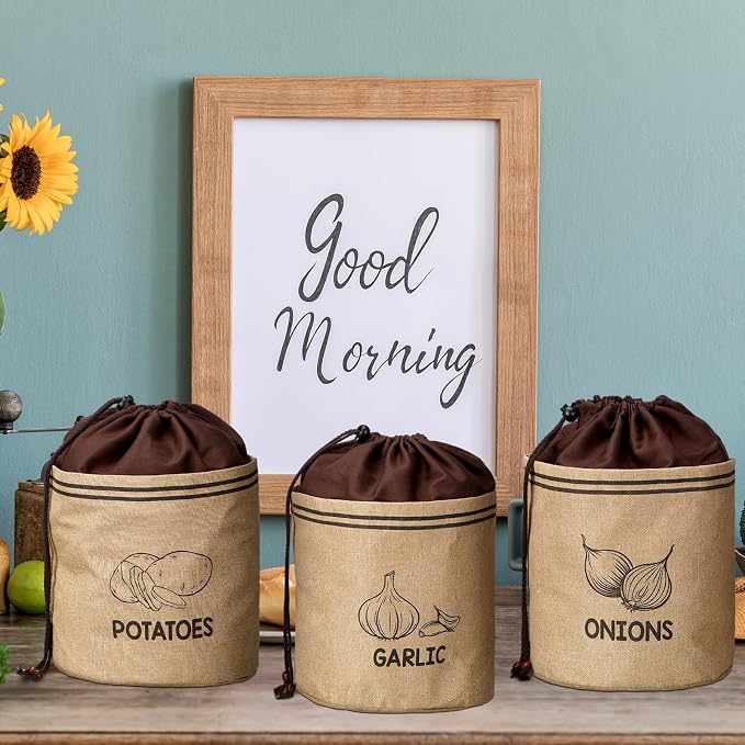 3 Pcs Potato Onion Garlic Storage Bag, Washable Vegetable Storage Bags with Blackout Lining Farmhouse Kitchen Potato Sacks Food Onion Garlic Container for Pantry(Classic,Barncloth)