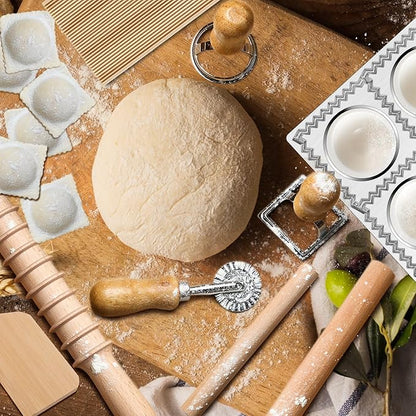 12 Piece Ravioli Mold Set with Press, Scraper, Cutter, Pierogi Maker, Rolling Pin, Gnocchi Board, Wooden Roller, and 4 Ravioli Stamp Maker Cutters for Making Pasta, Dumplings, and Pierogi