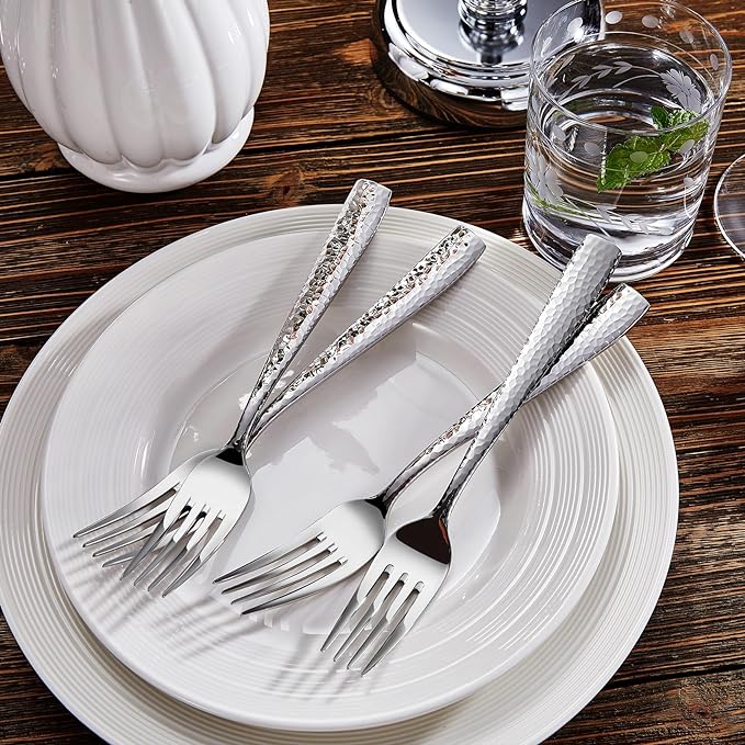 KEAWELL Premium 4-Piece 8.3" Louis Hammered Dinner Fork Set, 18/10 Stainless Steel, Squared Edge with Smooth Rounded Edges for Comfort, Dishwasher Safe (4, 8.3" Dinner Fork)