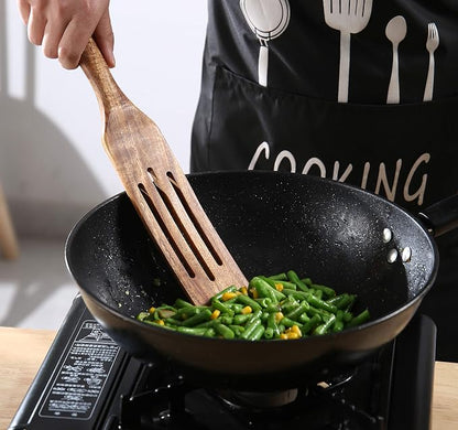 Wooden Spurtle Kitchen Utensils,QWKIT 6 Pcs Premium Natural Teak Wood Slotted Spurtle Spatulas Spoons Set for Nonstick Cookware Kitchen Cooking Heat Resistant Non Stick (with holder)