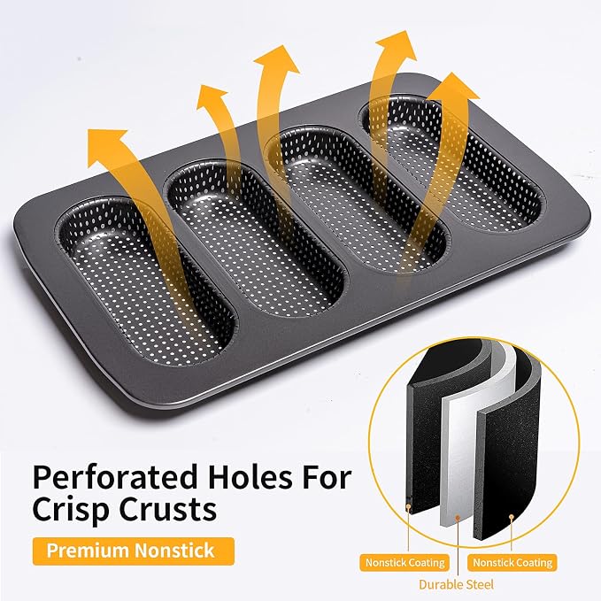 Yomvzake Hot Dot Bun Pan Set of 2, Perforated Carbon Steel Non-Stick Hotdog Bun Mold Bread Forms Crispy Mini Baguette Sandwich Baking Tray for Hot Dog Bun Rolls