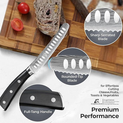 CoquusAid Kitchen Utility Knife, 5 inch Serrated Ultra Sharp Blade, Paring knives, Round Tip Tomato Knife, Ergonomic Handle, Full Tang – Forged High Carbon German Steel, Ideal for Gift (Black)