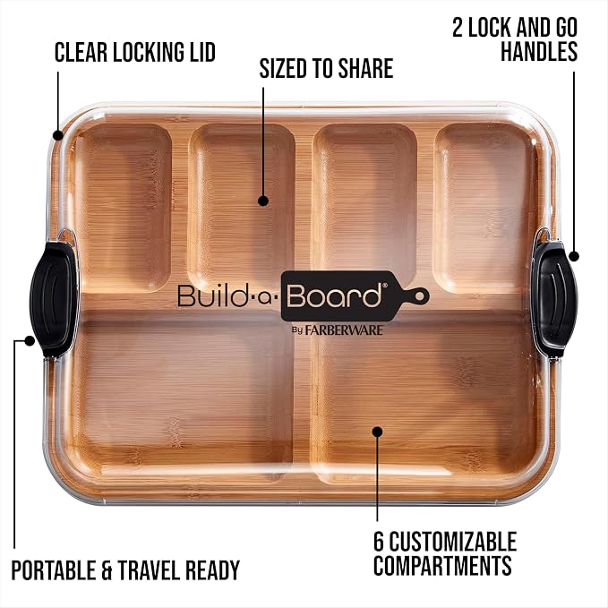 Farberware Build-A-Board Bamboo Cutting Board with Built-In Compartments & Clear Locking Lid, Black Handles, Charcuterie, Snack Tray, Food Prep and Serving Platter
