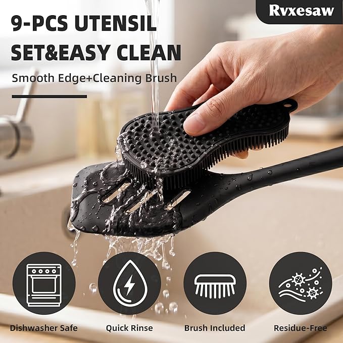 Kitchen Utensils Set,9 PCS Silicone Cooking Utensils Set Spatula Set,Non Toxic Cooking Utensils,Tongs,Spoon,Whisk,Brush,BPA Free Kitchen Gadgets for Non-Stick Cookware,Home Essential(Black-9P)