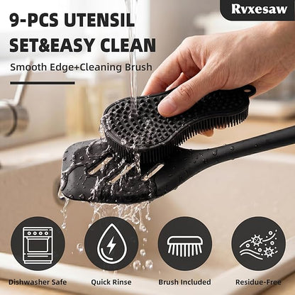 Kitchen Utensils Set,9 PCS Silicone Cooking Utensils Set Spatula Set,Non Toxic Cooking Utensils,Tongs,Spoon,Whisk,Brush,BPA Free Kitchen Gadgets for Non-Stick Cookware,Home Essential(Black-9P)