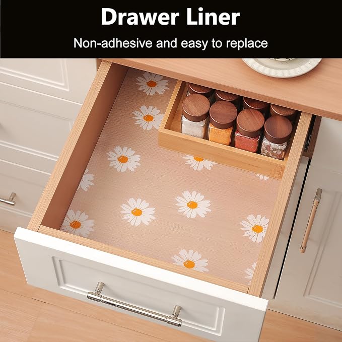 INNOLITES Shelf Liners for Kitchen Cabinets – Drawer Liner Waterproof & Oil-Proof, Non-Adhesive EVA with Floral Pattern – Durable Washable, Easy to Clean (Clean Daisy, 17.5" x 78.7")