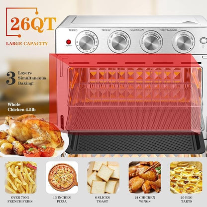 Geek Chef 26 QT Air Fryer Oven, Big Air Fryer, Toast Oven with Bake, Roast, Pizza, Easy to Use & Clean, Stainless Steel