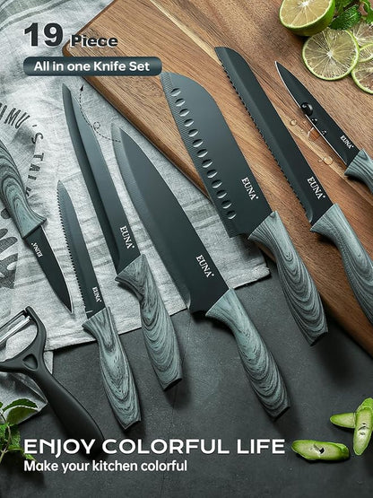 EUNA Knife Block Set, 19 PCS Kitchen Knife Set with Acrylic Block and Sharpener, German High-Carbon Stainless Steel Knife Sets with 6 Serrated Steak Knives, Bread Knife, Chef Knife, Dishwasher Safe