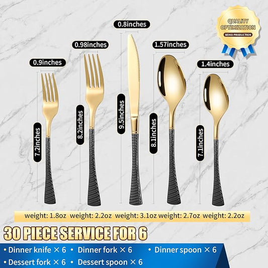 Lemeya Hammered Black Gold Silverware Set,30 Piece Modern Flatware Set Service for 6,Mirror Polished Stainless Steel Cutlery Set Utensil Set,Kitchen Knives Forks Spoons Set,Dishwasher Safe