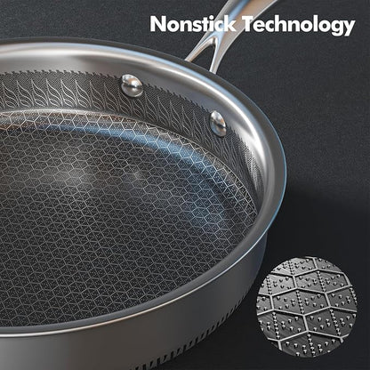 AuFranc® Hybrid Nonstick Stainless Steel Pots and Pans Set, Induction Cookware Set with Tempered Glass Lids, Non-stick Pot and Pan Set Suitable for All Cooktops, Non-Toxic, Dishwasher & Oven Safe