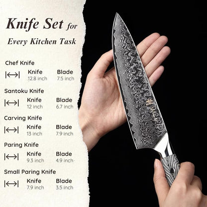 Wakoli Noir Blanc Damascus Knife Block Set – 5-Piece Professional Chef Knife Collection with Magnetic Block – Kitchen Knives made of 67-Layer Damascus Steel Blades & Ergonomic G10 Handles in Gift Box