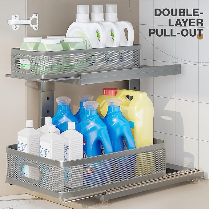 2 Pack 15.5IN-Depth Under Sink Organizer With Next-Gen Ball-Bearing Slides,2-Tier Precision Mesh Pull Out Cabinet Storage for Bathroom&Kitchen,Height Adjustable Drawers Shelf,Anti-rust-Grey