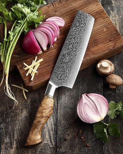 HEZHEN 7 inch Nakiri Knife Japanese High Carbon Steel-Super Durable Cooking Knife-67 Layers of Damascus Steel Sharp Blade -Ergonomic Design for Figured Sycamore Wood Handle