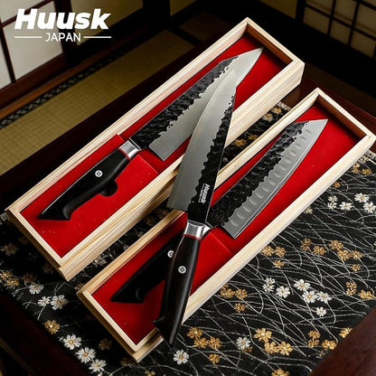 Huusk Santoku Japanese Chef Knife - Hand Forged Chef's Knives with VG10 Steel Core, Ultra Sharp 8 inch Kitchen Knife with Ergonomic Ebony Handle, Premium Wooden Gift Box for Men Women