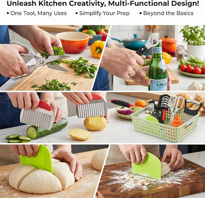 13-Piece Kitchen Gadget Set (Includes Storage Basket) — Featuring Kitchen Shears, Knife Sharpener, Peeler, Dough Scraper, Funnel, and Anti-Scald Tongs — A Complete Set of Cooking and Food Prep Tools