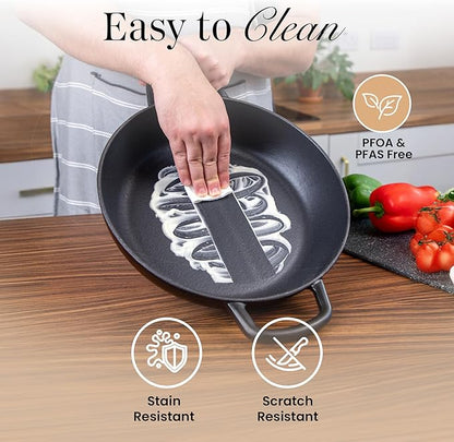 Shallow Cast Iron Casserole with Lid – Non Stick Dutch Oven Pot, Oven Safe up to 500° F – Sturdy Ovenproof Stockpot Cookware – Enamelled Cooking Pot – Black, 5-Quart, 32cm – by Nuovva