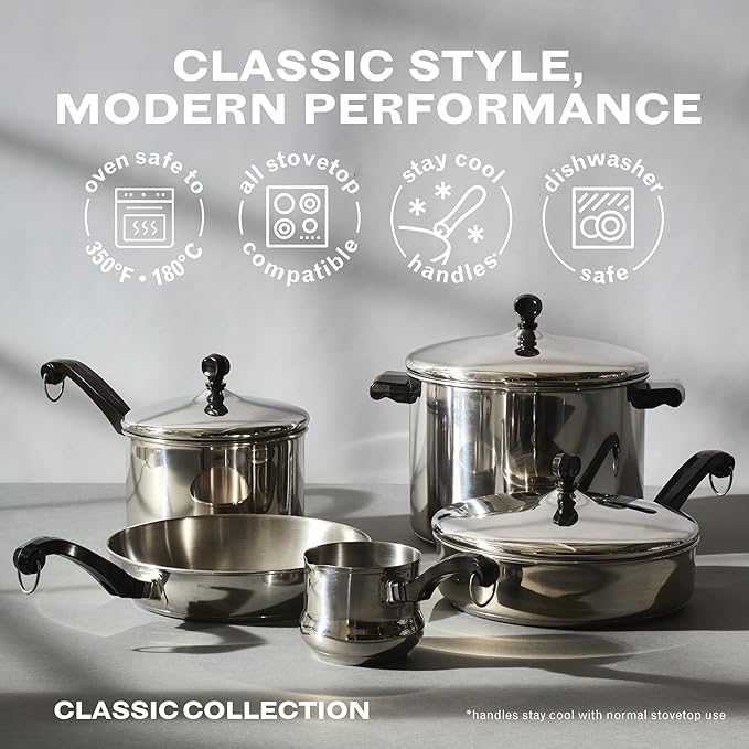 Farberware Classic Series Anniversary Edition Cookware Set, 8-Piece, Stainless Steel Pot and Pan Set