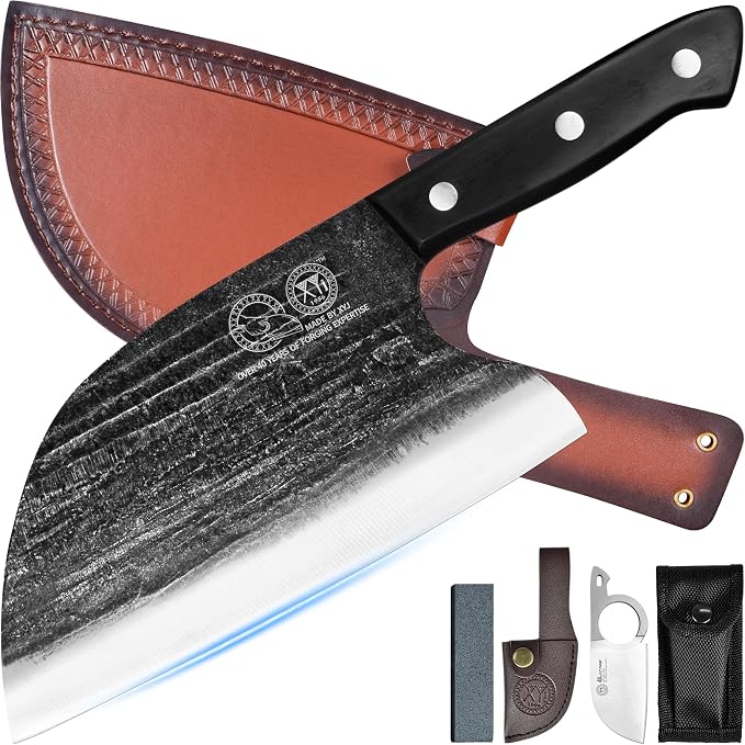 Full Tang, Serbian Chefs knife,Chef Meat Cleaver,Kitchen Knives,Set with Leather Sheath,Take Carrying,Butcher (8 Inch)