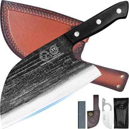 Full Tang, Serbian Chefs knife,Chef Meat Cleaver,Kitchen Knives,Set with Leather Sheath,Take Carrying,Butcher (8 Inch)
