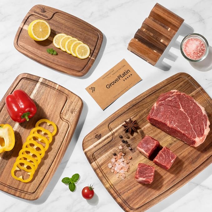 Acacia Wood Cutting Boards for Kitchen (Set of 3), Heavy Duty Chopping Board with Deep Juice Groove, Reversible Designed, Storage Stand & Oiling Brush