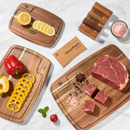 Acacia Wood Cutting Boards for Kitchen (Set of 3), Heavy Duty Chopping Board with Deep Juice Groove, Reversible Designed, Storage Stand & Oiling Brush