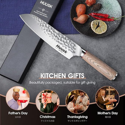 Huusk Japanese Chef Knife for Home & Kitchen - 7" Stainless Santoku Knife with Ultra Sharp High Carbon Blade, Cooking Knifes for Vegetable & Meat Cutting with Wood Handle, Gift Idea for Cooking Lovers