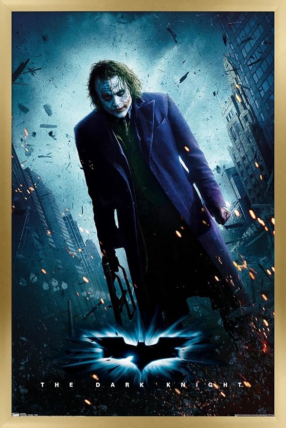 Trends International DC Comics Movie - The Dark Knight - The Joker - One Sheet Wall Poster, 22.375" x 34", Gold Framed Version