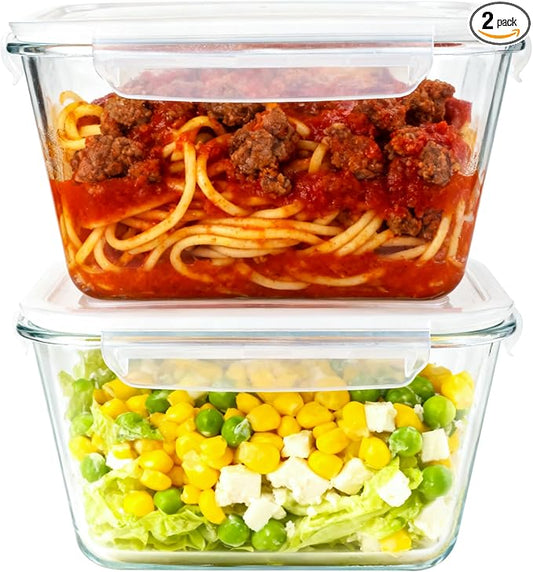 2 Pack 2600ml/88oz Large Glass Storage Containers With Lids - Meal Prep Containers With Leak Proof Locking - Glass Food Containers For Baking, Microwave, Oven