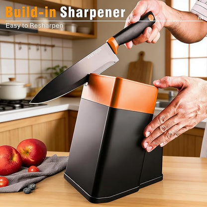 14 Pcs Kitchen Knife Block Set with Sharpener German High Carbon Stainless Steel Chef Knives, Razor-Sharp & Durable, Lightweight Anti-Slip Handle, Professional Set for Home & Kitchen (Orange)