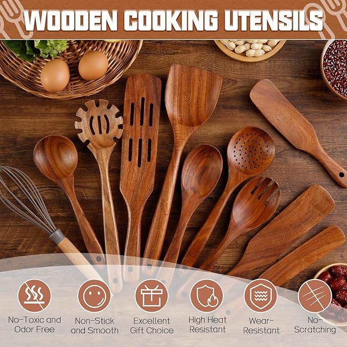 Wooden Spoons for Cooking 11Pcs Natural Acacia Wooden Kitchen Utensil Set, Spatula Spurtles Salad Fork Spoon Set, Non-Stick, Comfortable Grip, As Seen On TV Wooden Cooking Utensils
