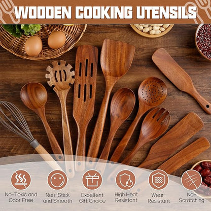 Wooden Spoons for Cooking 11Pcs Natural Acacia Wooden Kitchen Utensil Set, Spatula Spurtles Salad Fork Spoon Set, Non-Stick, Comfortable Grip, As Seen On TV Wooden Cooking Utensils