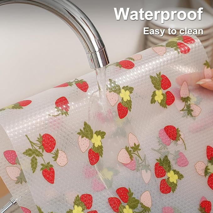 Cooyes Shelf Liner, Non-Adhesive Waterproof Drawer Liner, Durable Easy-to-Cut EVA Shelf Paper for Kitchen Cabinets, Refrigerator, Cupboard, and Dresser (23.6" W x 240" L, Red Strawberry)