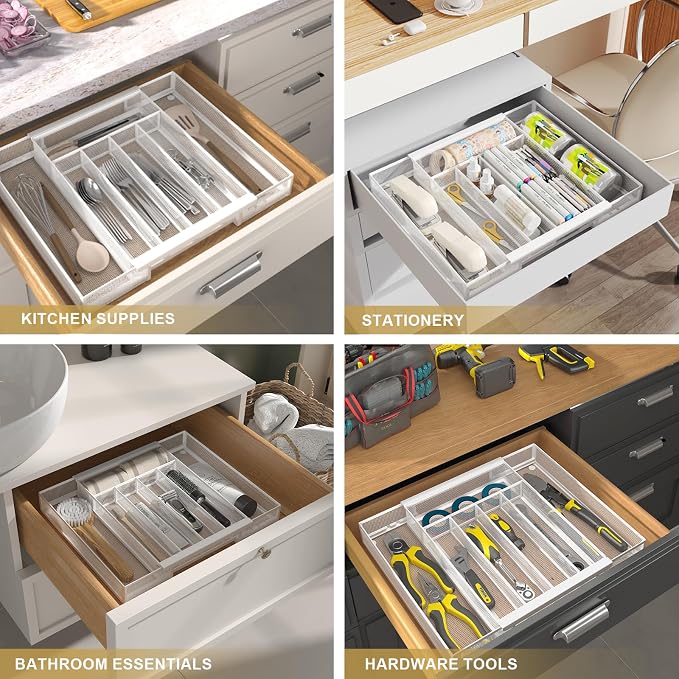 Sedegn Expandable Kitchen Utensil Organizer - 9.6" to 16.1" Adjustable Cutlery Tray with 5-7 Compartments - Fits Various Drawer Sizes & Holds Large Ladles Spatulas Forks Spoons & Knives White