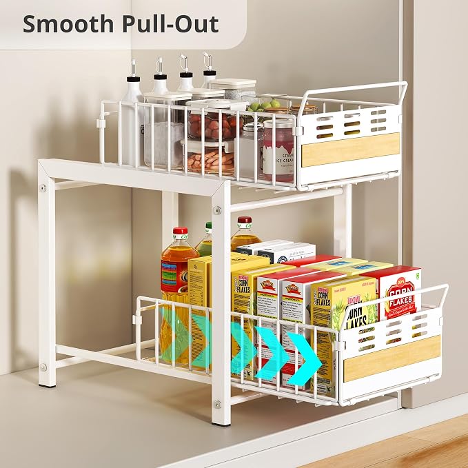 Under Sink Organizer, 2-Tier Pull Out Cabinet Organizer with Heavy-Duty Carbon Steel Slide-Out Basket Drawers, Stackable Multi-Purpose Storage Rack for Kitchen Pantry, Bathroom Vitamin Storage, White