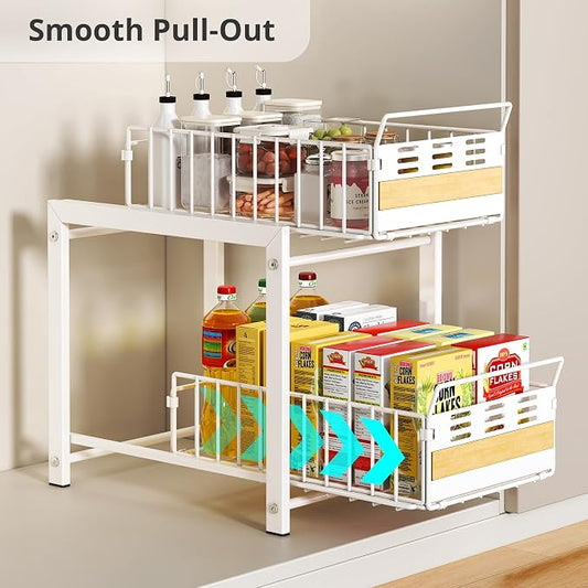 Under Sink Organizer, 2-Tier Pull Out Cabinet Organizer with Heavy-Duty Carbon Steel Slide-Out Basket Drawers, Stackable Multi-Purpose Storage Rack for Kitchen Pantry, Bathroom Vitamin Storage, White
