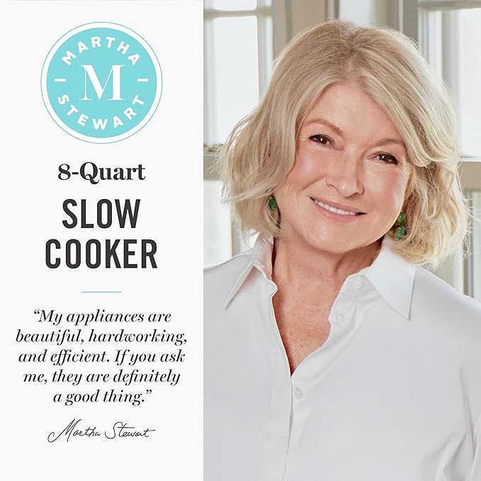 Martha Stewart 8 QT Slow Cooker, Programmable with Timer, 3 Heat Settings (Low, High, Warm), Nonstick Ceramic Removable Crock, Stovetop & Oven Safe, Glass Lid, Simmer, Reheat, Warm, Sky
