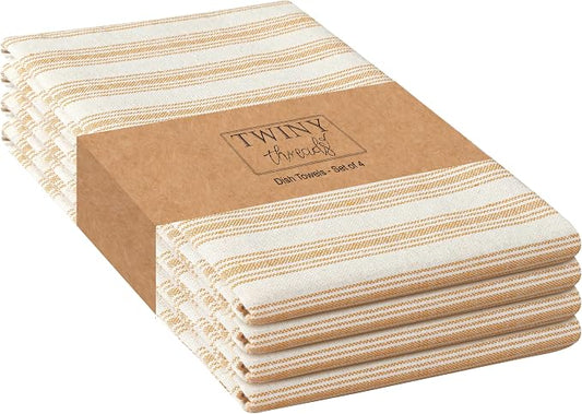 Twiny Threads Set of 4 Farmhouse Stripe Kitchen Towels (18x26 Inches) Premium Tea Towel with Hanging Loop, Highly Absorbent 100% Cotton Bulk Kitchen Hand Cloth for Drying, Cleaning - Mustard Yellow
