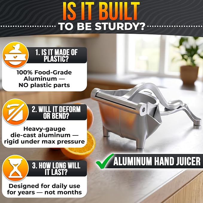 Hand Juicer Squeezer - Gets Every Last Drop Fast - Manual Juicer Hand Press for Lemon, Orange, Lime, Grapefruit and Pomegranate | 20 oz Aluminum Bowl, Pour Spout, Lemon Squeezer with Ergonomic Handle