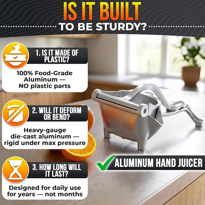 Hand Juicer Squeezer - Gets Every Last Drop Fast - Manual Juicer Hand Press for Lemon, Orange, Lime, Grapefruit and Pomegranate | 20 oz Aluminum Bowl, Pour Spout, Lemon Squeezer with Ergonomic Handle