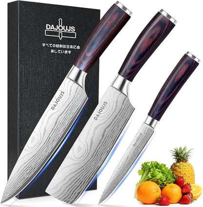 3-Piece Kitchen Chef Knife Set - 8" Chef Knife & 7" Nakiri Knife & 5" Utility Knife, Professional High-Carbon Stainless Steel Ultra Sharp Knives with Ergonomic Wood Handle & Gift Box for Cooking