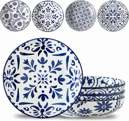 glowworm Pasta Bowls，42oz Ceramic Pasta Salad & Soup Bowls，Large Serving Bowls Set of 4 for Serving Cereal，Noodle，Dinner，Shallow Kitchen Bowls，Microwave Dishwasher Safe，Blue & White