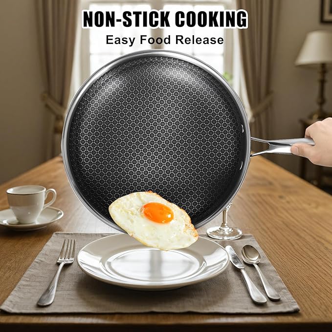 USELUCK 8 Inch Nonstick Frying Pan, Stainless Steel Skillet with Honeycomb Surface, Induction Compatible, Oven & Dishwasher Safe, PFAS-Free Cookware