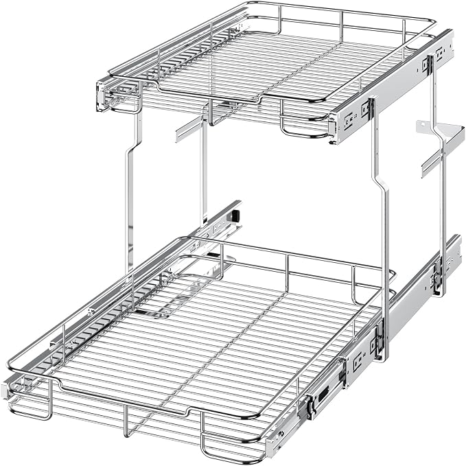 Delamu Pull Out Cabinet Organizer 2-Tier 14" W x 21" D Heavy Duty Chrome-Plated Slide Out Drawers, Kitchen Drawer Organizer Pull Out Shelves for Pots & Pans, Home Pantry Cans & Spices, Silver