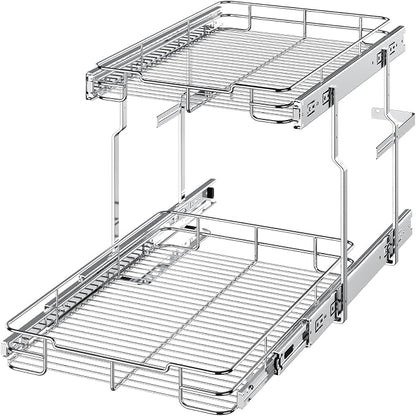 Delamu Pull Out Cabinet Organizer 2-Tier 14" W x 21" D Heavy Duty Chrome-Plated Slide Out Drawers, Kitchen Drawer Organizer Pull Out Shelves for Pots & Pans, Home Pantry Cans & Spices, Silver