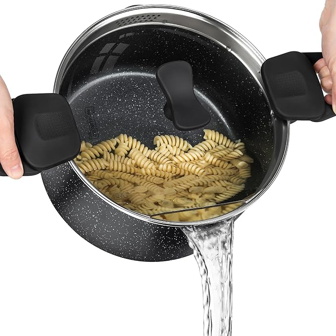 MICHELANGELO Pasta Pot with Strainer Lid, 6 Quart Cooking Pot with Twist and Lock Handles, Soup Pot with Nonstick Granite Coating, Spaghetti Pot Induction Compatible, Black